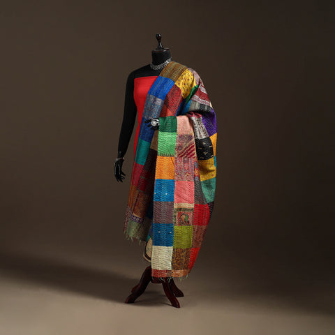 Bengal Hand Embroidery Patchwork Reversible Silk Kantha Dupatta 28