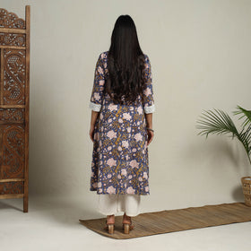 Block Print Mosaic Fusion A-Line Blue Sanganeri Cotton Kurta