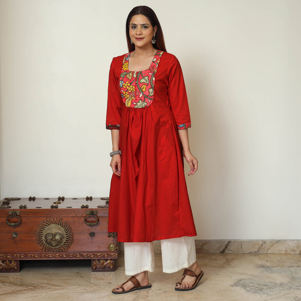 Red - Srikalahasti Kalamkari Patchwork Plain Cotton A-Line Kurta 16