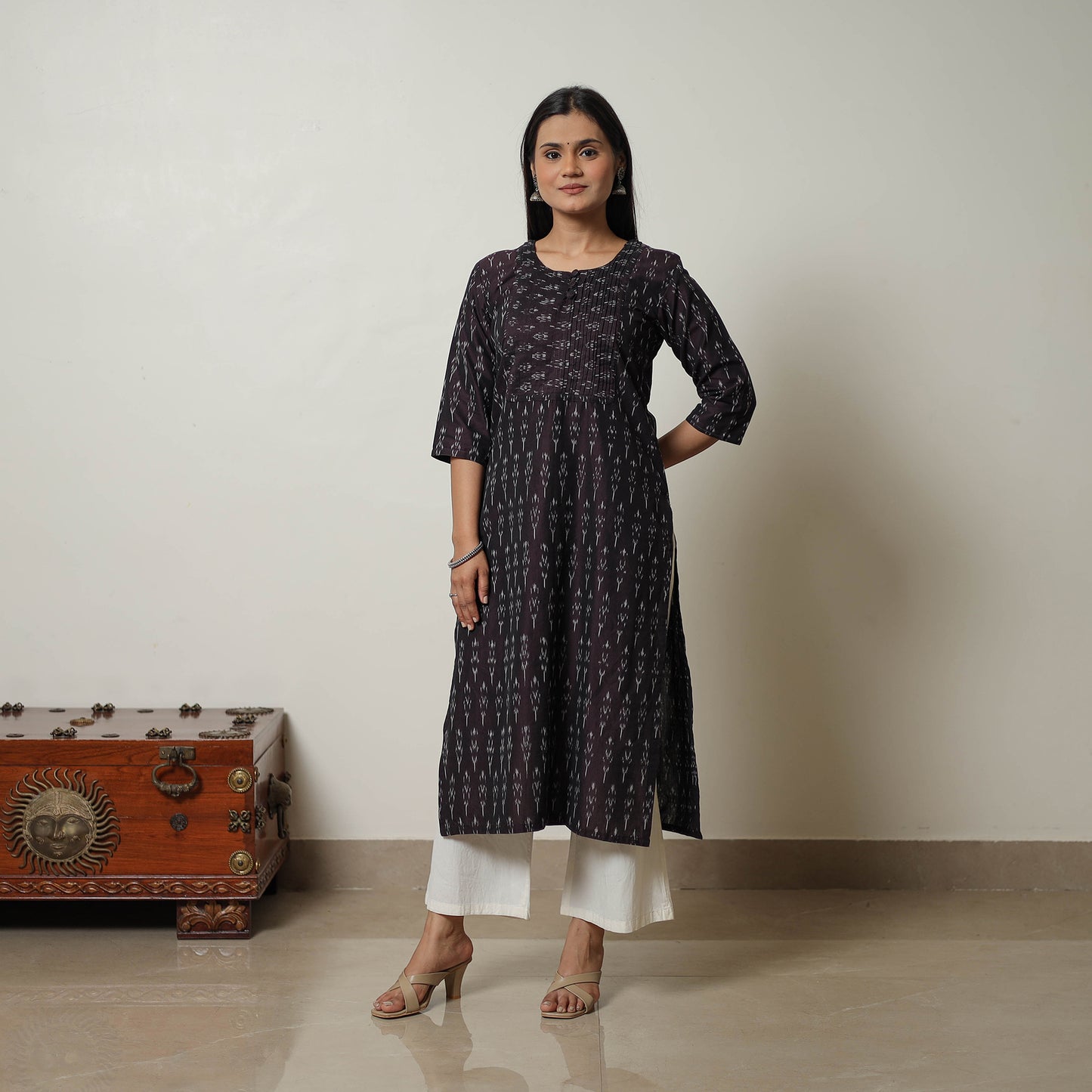 Brown - Mercerised Cotton Straight Pochampally Ikat Kurta 10