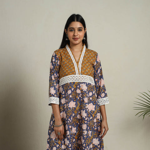 Block Print Mosaic Fusion A-Line Blue Sanganeri Cotton Kurta