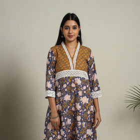 Block Print Mosaic Fusion A-Line Blue Sanganeri Cotton Kurta
