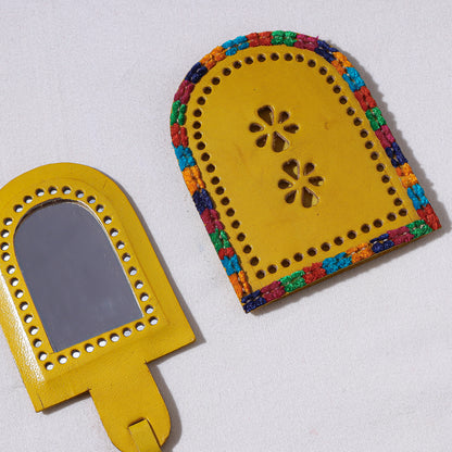 Handcrafted Kutch Cutwork Leather Hand Mirror with Pouch
