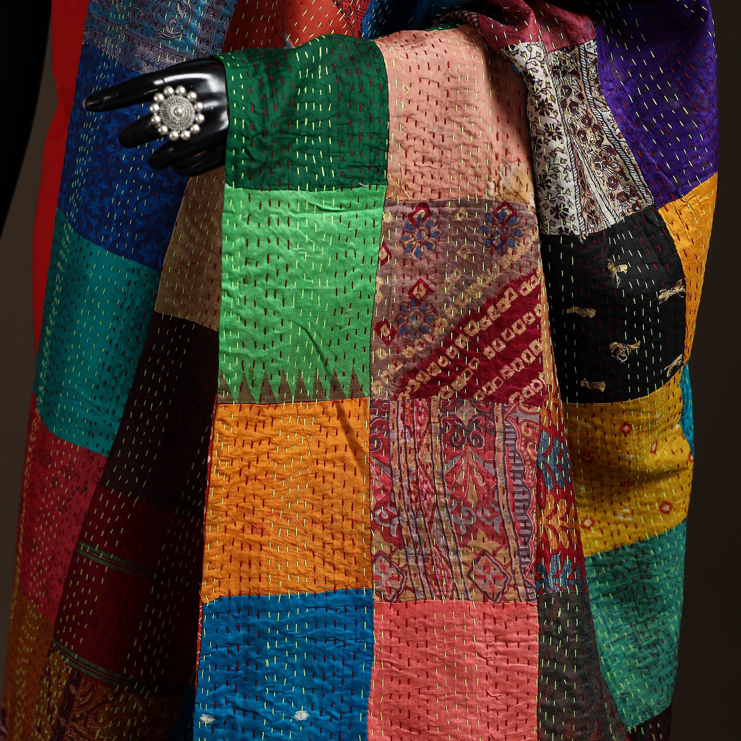 Bengal Hand Embroidery Patchwork Reversible Silk Kantha Dupatta 28