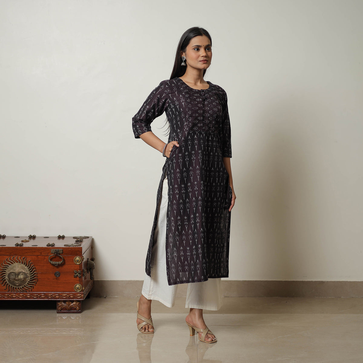 Brown - Mercerised Cotton Straight Pochampally Ikat Kurta 10