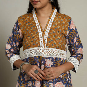 Block Print Mosaic Fusion A-Line Blue Sanganeri Cotton Kurta