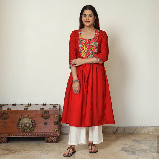 Red - Srikalahasti Kalamkari Patchwork Plain Cotton A-Line Kurta 16