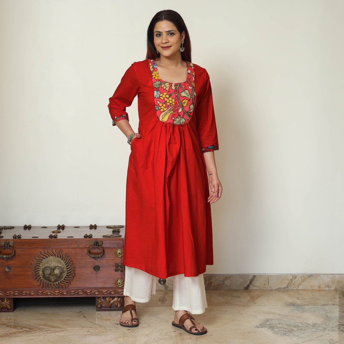 Red - Srikalahasti Kalamkari Patchwork Plain Cotton A-Line Kurta 16