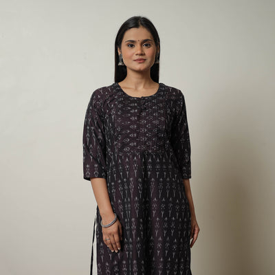 Brown - Mercerised Cotton Straight Pochampally Ikat Kurta 10