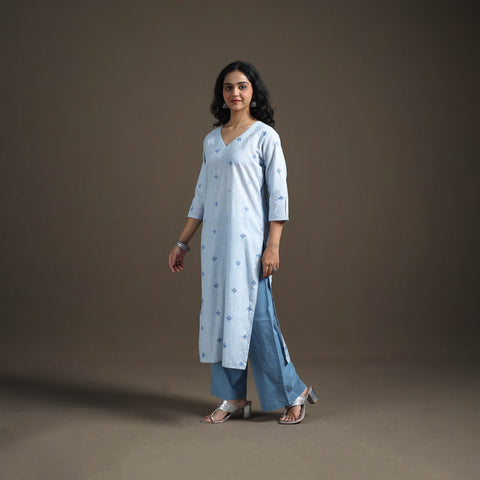 Blue - Jacquard Cotton Straight Long Kurta for Women 06