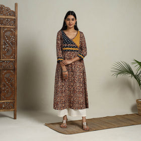 Brown - Block Print Mosaic Fusion A-Line Kalamkari Cotton Kurta