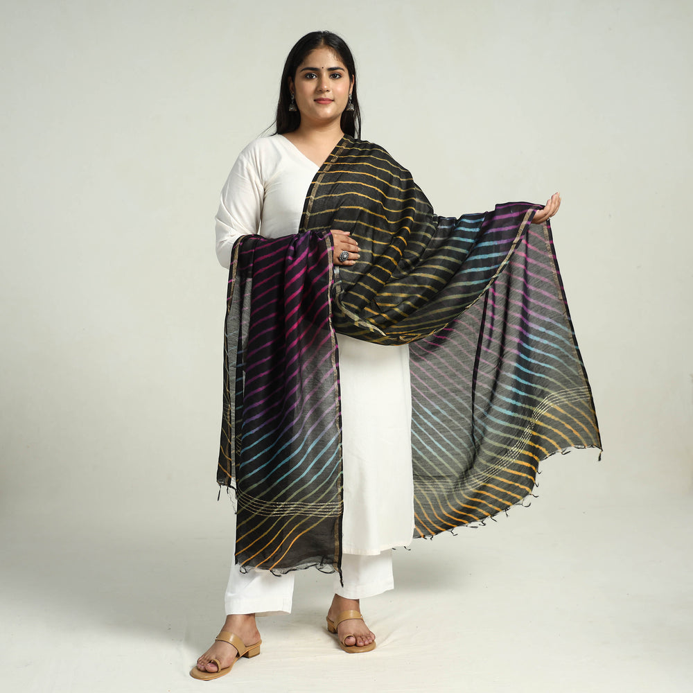 Black - Traditional Tie & Dye Chanderi Silk Leheriya Dupatta 45