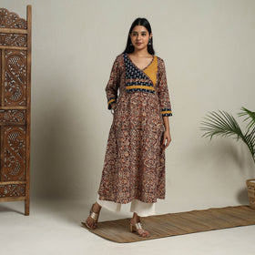 Brown - Block Print Mosaic Fusion A-Line Kalamkari Cotton Kurta