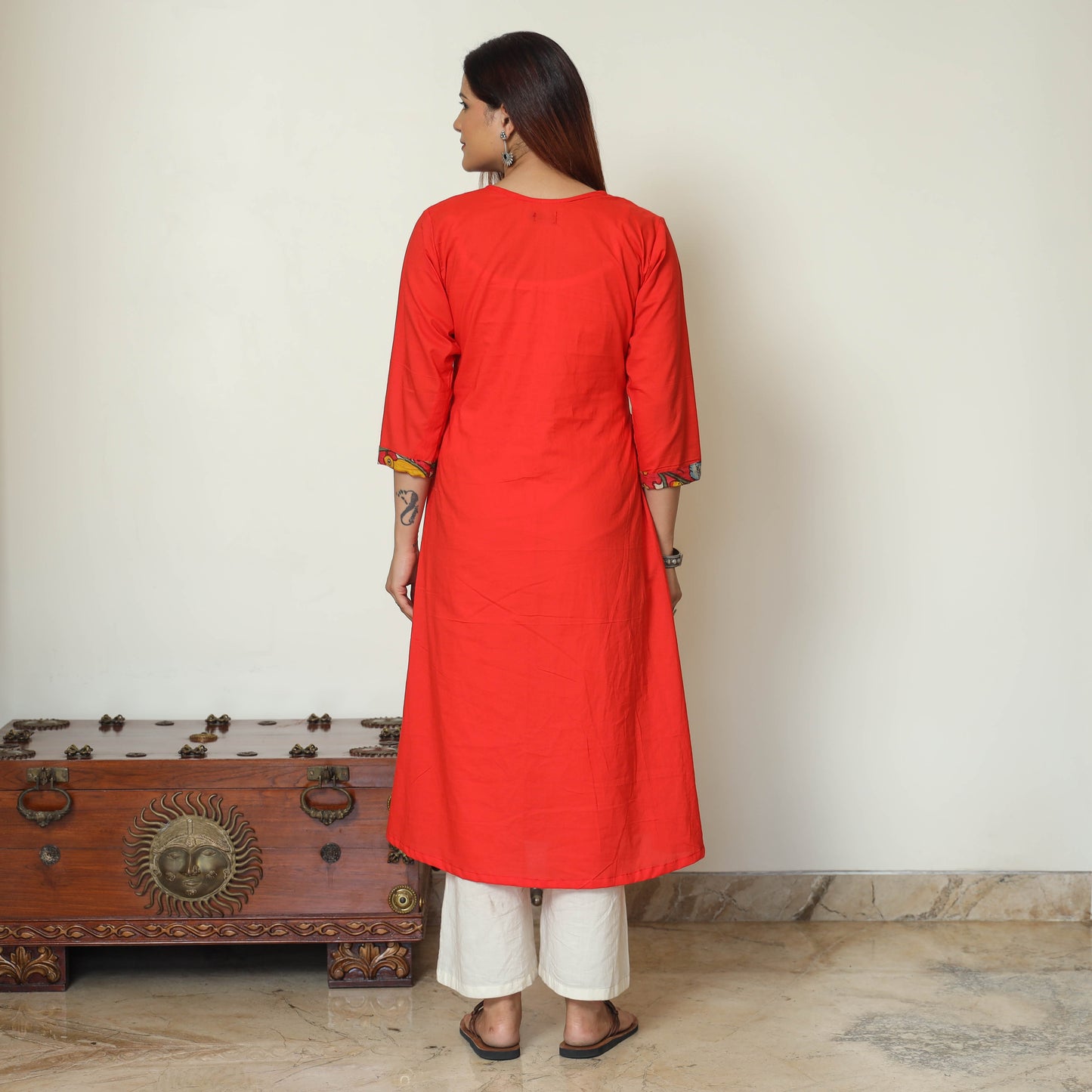 Red - Srikalahasti Kalamkari Patchwork Plain Cotton A-Line Kurta 16