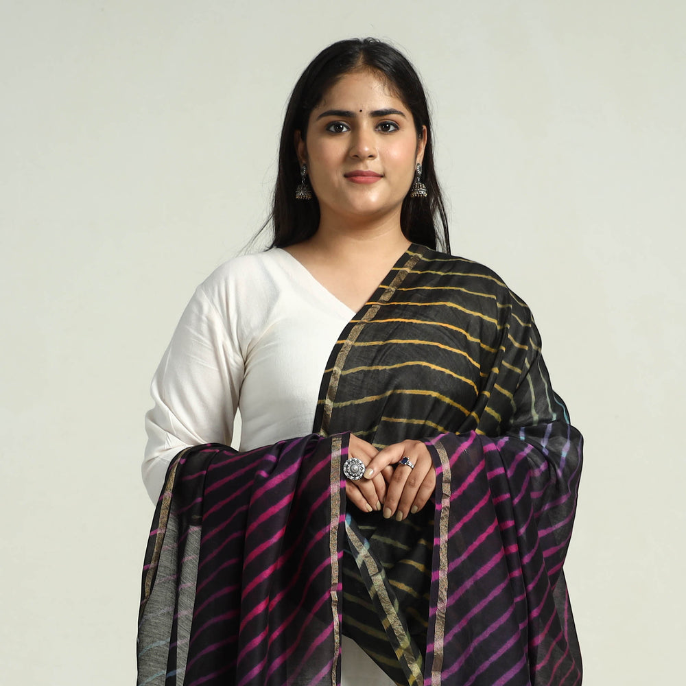 Black - Traditional Tie & Dye Chanderi Silk Leheriya Dupatta 45