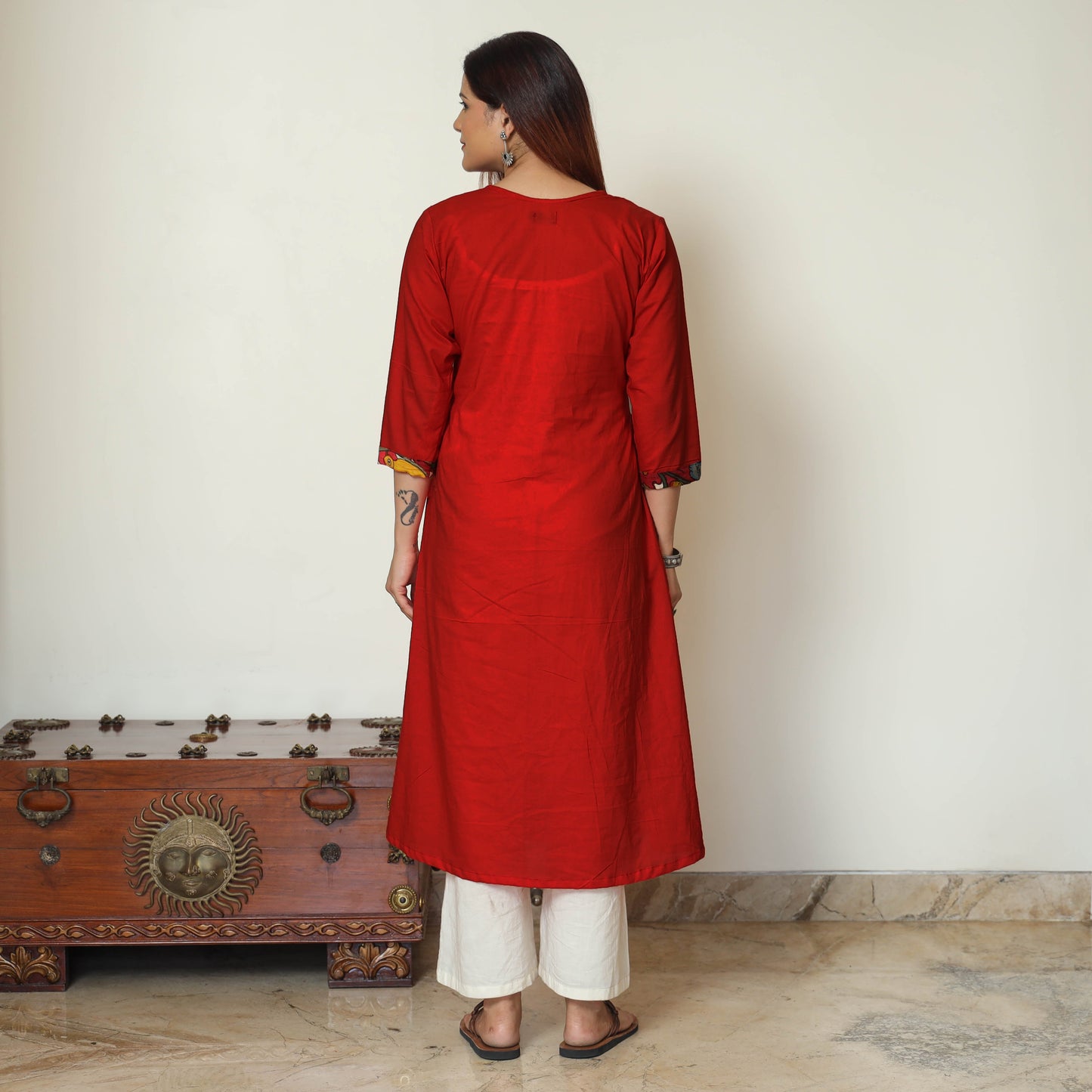 Red - Srikalahasti Kalamkari Patchwork Plain Cotton A-Line Kurta 16