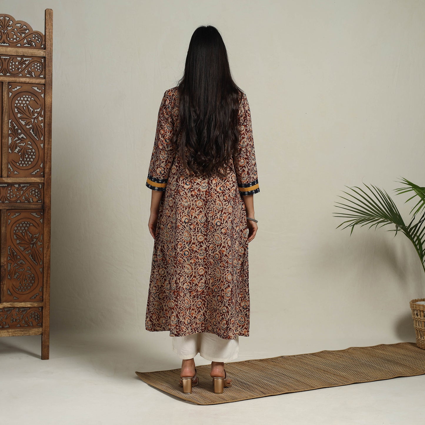 Brown - Block Print Mosaic Fusion A-Line Kalamkari Cotton Kurta