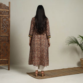 Brown - Block Print Mosaic Fusion A-Line Kalamkari Cotton Kurta