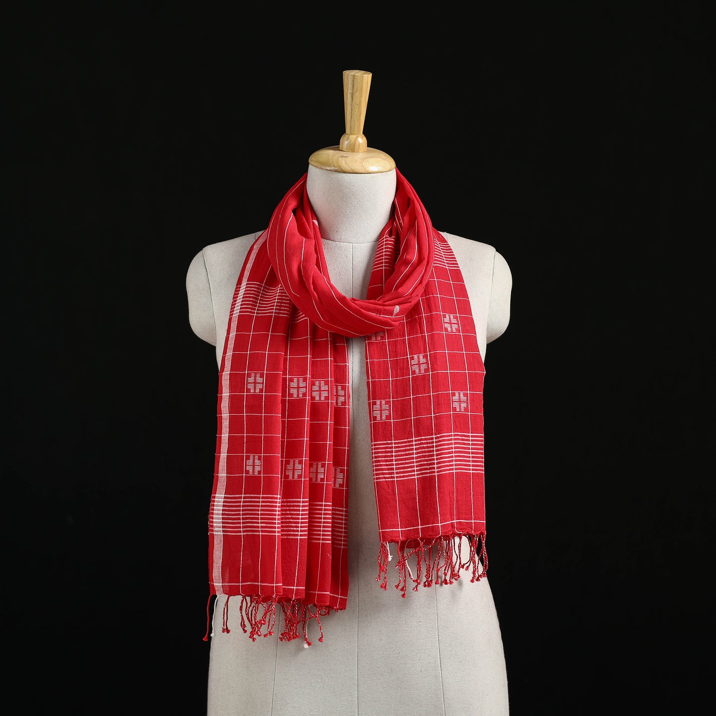 Red - Burdwan Jamdani Handloom Cotton Stole with Tassels 10