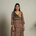 Brown - Block Print Mosaic Fusion A-Line Kalamkari Cotton Kurta