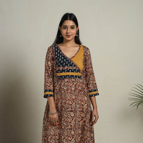 Brown - Block Print Mosaic Fusion A-Line Kalamkari Cotton Kurta