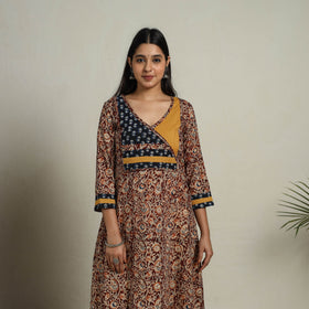 Brown - Block Print Mosaic Fusion A-Line Kalamkari Cotton Kurta