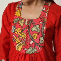 Red - Srikalahasti Kalamkari Patchwork Plain Cotton A-Line Kurta 16