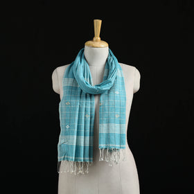 Blue - Burdwan Jamdani Handloom Cotton Stole with Tassels 17