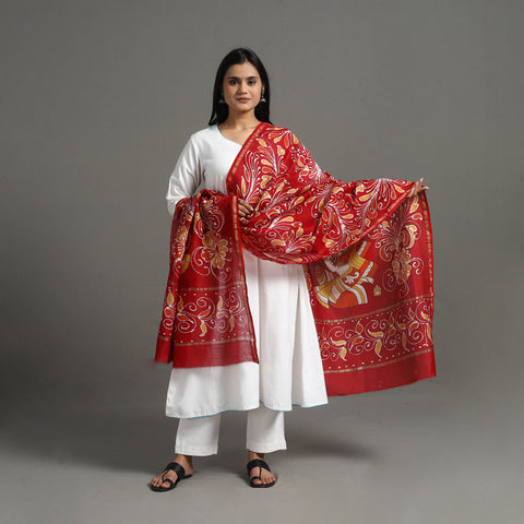 Red - Handloom Chanderi Silk Hand Batik Printed Dupatta 01