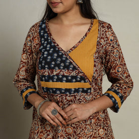 Brown - Block Print Mosaic Fusion A-Line Kalamkari Cotton Kurta