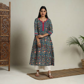 Block Print Mosaic Fusion A-Line Blue Sanganeri Cotton Kurta