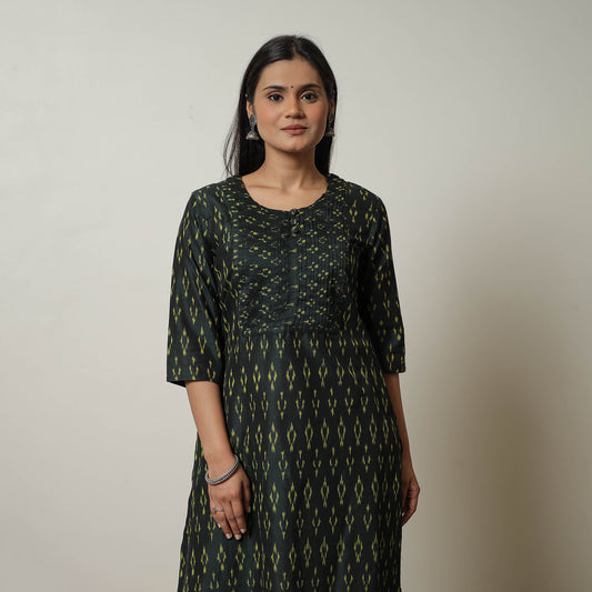 Green - Mercerised Cotton Straight Pochampally Ikat Kurta 09