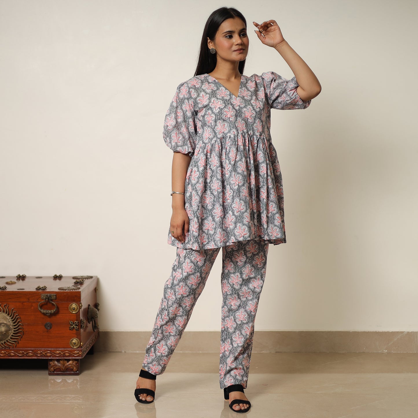 Grey - Sanganeri Block Printed Cotton Co-Ord Set 30