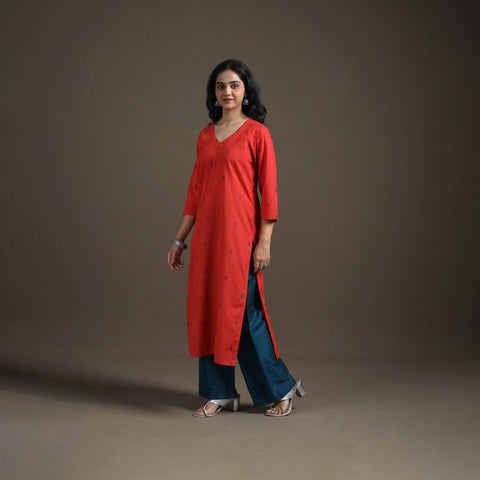 Red - Jacquard Cotton Straight Long Kurta for Women 07