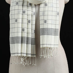 White - Burdwan Jamdani Handloom Cotton Stole with Tassels 16