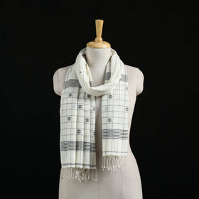 White - Burdwan Jamdani Handloom Cotton Stole with Tassels 16