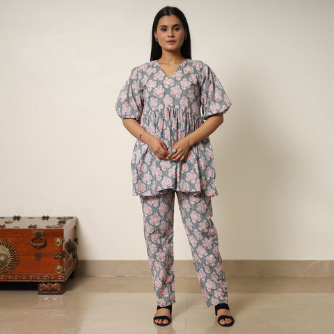 Grey - Sanganeri Block Printed Cotton Co-Ord Set 30