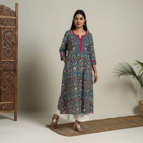 Block Print Mosaic Fusion A-Line Blue Sanganeri Cotton Kurta