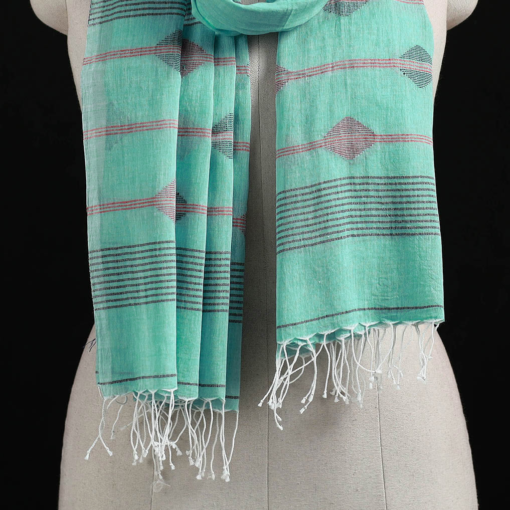 Green - Burdwan Jamdani Handloom Cotton Stole with Tassels 15