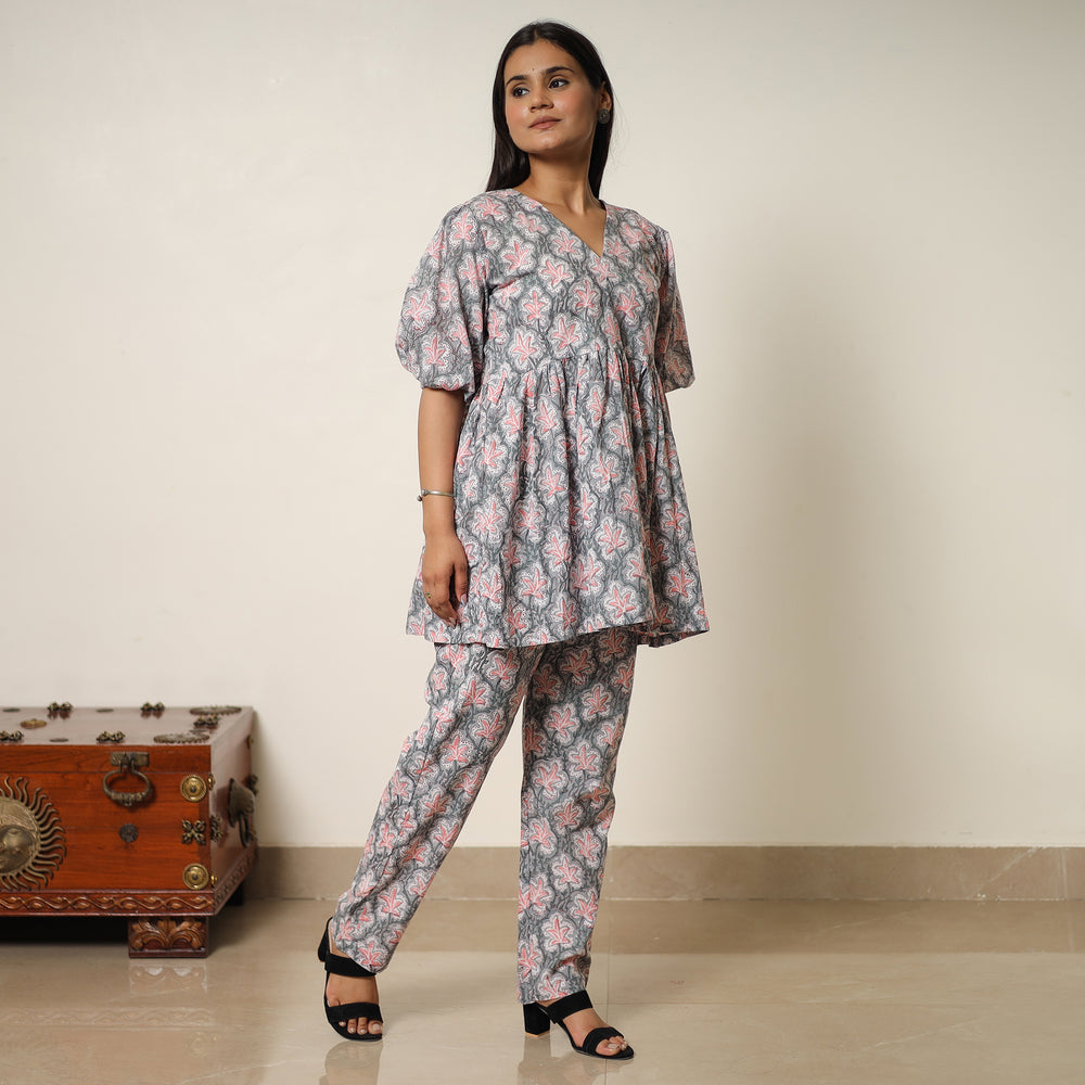 Grey - Sanganeri Block Printed Cotton Co-Ord Set 30