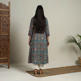 Block Print Mosaic Fusion A-Line Blue Sanganeri Cotton Kurta