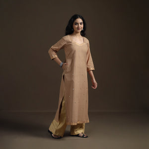 Brown - Mangalagiri Pure Handwoven Cotton Mirror Work Straight Kurta for women 02