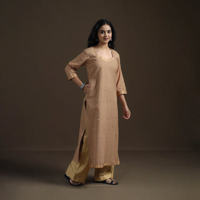 Brown - Mangalagiri Pure Handwoven Cotton Mirror Work Straight Long Kurta for women 02