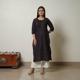 Buy Black Mercerised Cotton Straight Pochampally Ikat Kurta