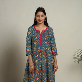 Block Print Mosaic Fusion A-Line Blue Sanganeri Cotton Kurta