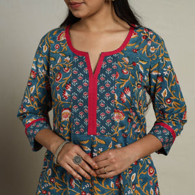 Block Print Mosaic Fusion A-Line Blue Sanganeri Cotton Kurta