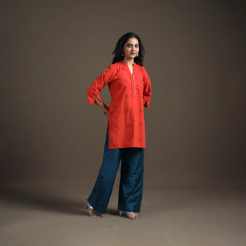 Red - Jacquard Cotton Short Kurta for Women 13