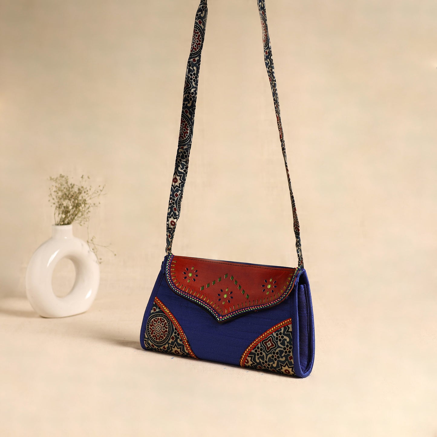 Traditional Kutch Patchwork Silk Leather Flap Sling Bag 39