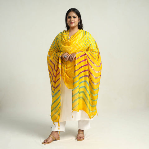 Yellow - Traditional Tie & Dye Chanderi Silk Leheriya Dupatta 49