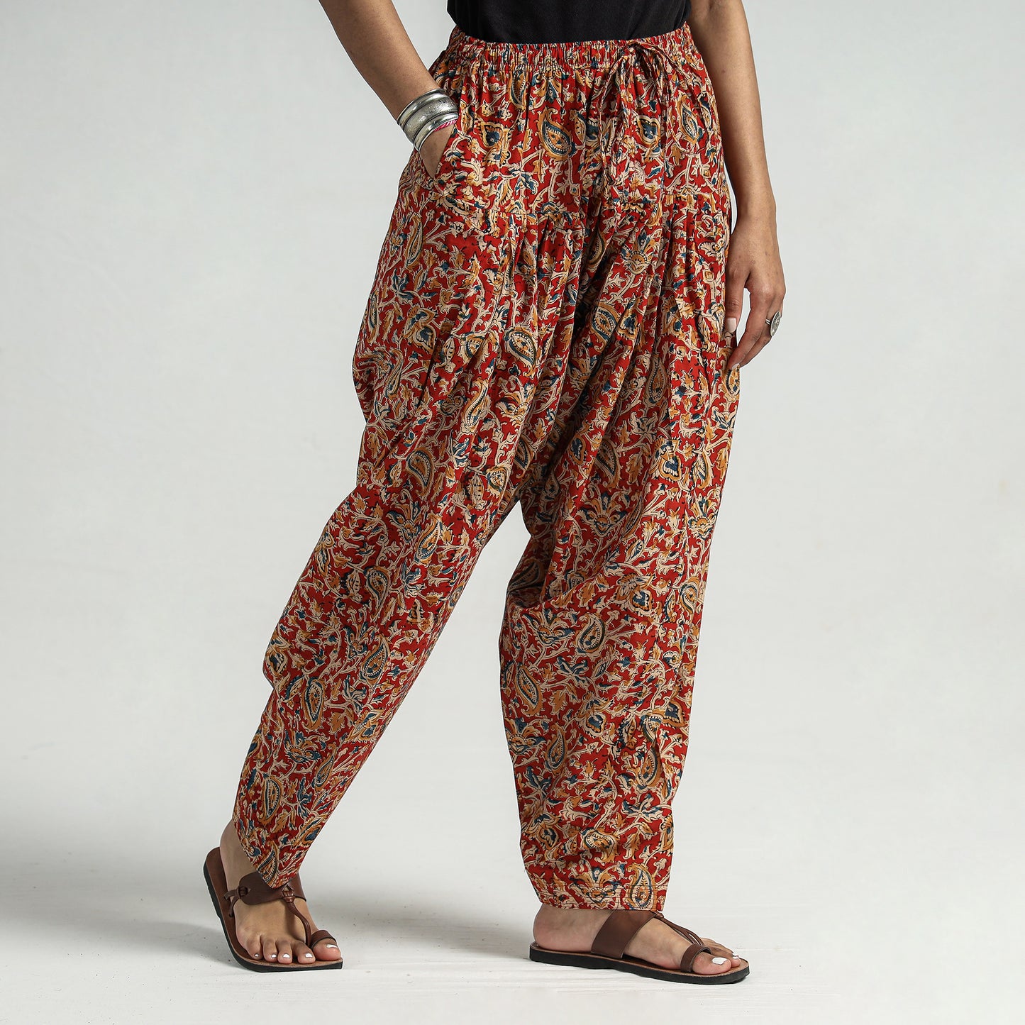 Red - Kalamkari Block Printed Cotton Elasticated Salwar